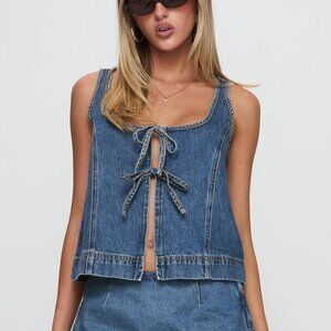 Princess Polly Stefenie Denim Tie Top Mid Wash - Size 2
